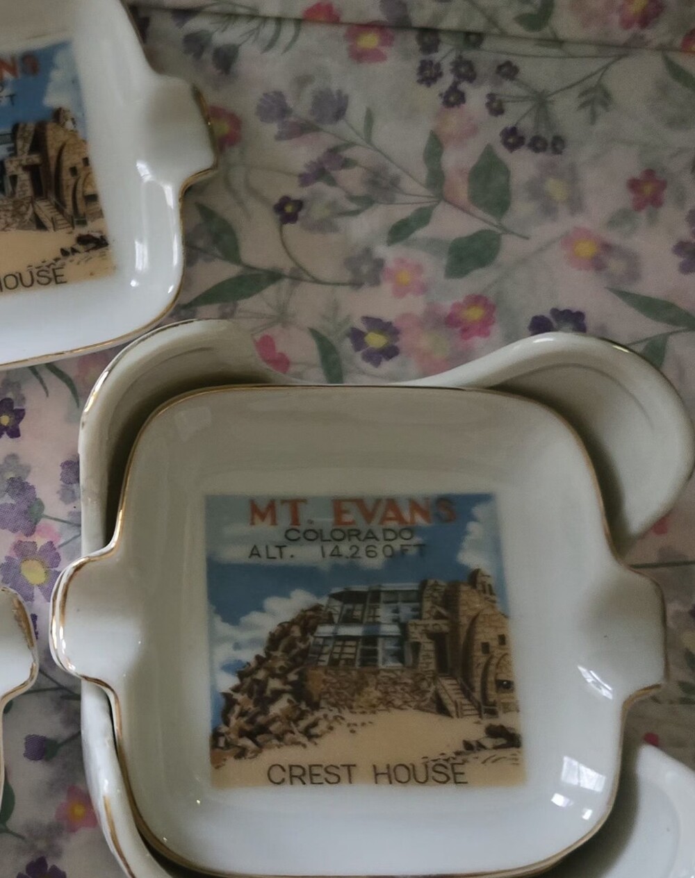 Mt. Evans Crest House Souvenir Ashtrays - White with Gold Trim